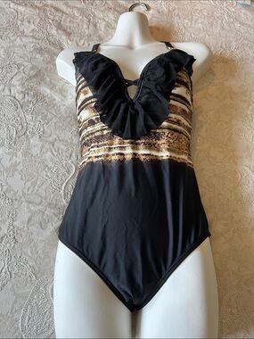 Simon Chang Ruffle Animal Print One Piece Swimsuit Size 8